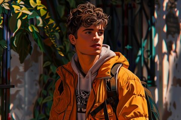 Obraz premium Young man wearing a yellow jacket stands outdoors surrounded by green leaves and colorful walls during daylight hours