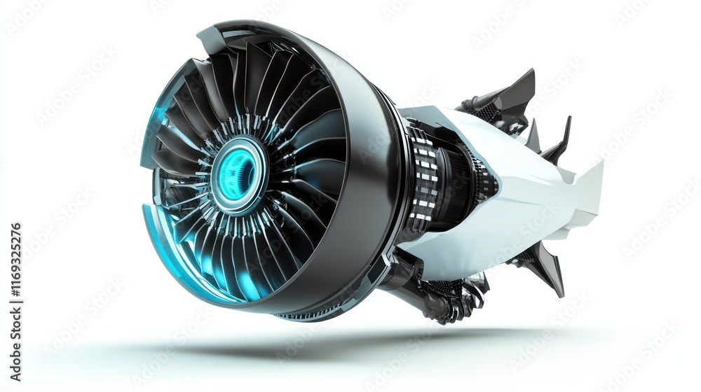 Poster a futuristic jet engine design with sleek lines and glowing accents.