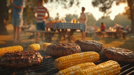  Grilled burgers and corn on barbecue grill with picnic table in background. Outdoor summer barbecue scene captures relaxed, social gathering with delicious food under warm sunlight.