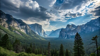 Fototapeta premium Panoramic view of Bavarian Alps from Wank mountain in Garmisch-Partenkirchen, Germany, The view from the height of the green mountain valley surrounded by high mountains. Snow-capped mountain peaks on