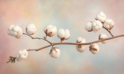 Cotton branch with fluffy white bolls against soft pastel background, showcasing natural beauty and agricultural significance