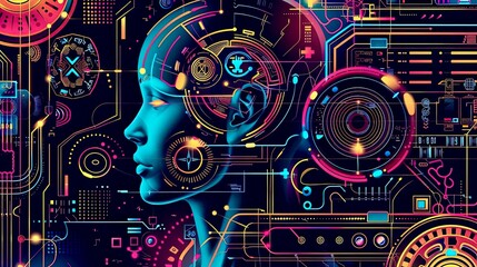 Digital representation of a futuristic human profile with vibrant circuitry and neon colors against a dark background