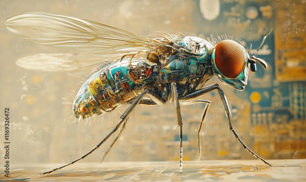Poster futuristic robotic fly with intricate circuitry and mechanical features, showcasing advanced technol