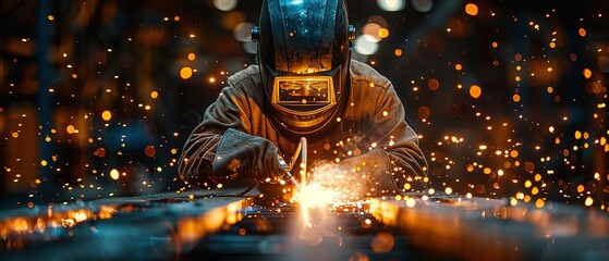 Welder with sparks flying, showcasing a skilled tradesperson working on a metal fabrication project wearing safety gear