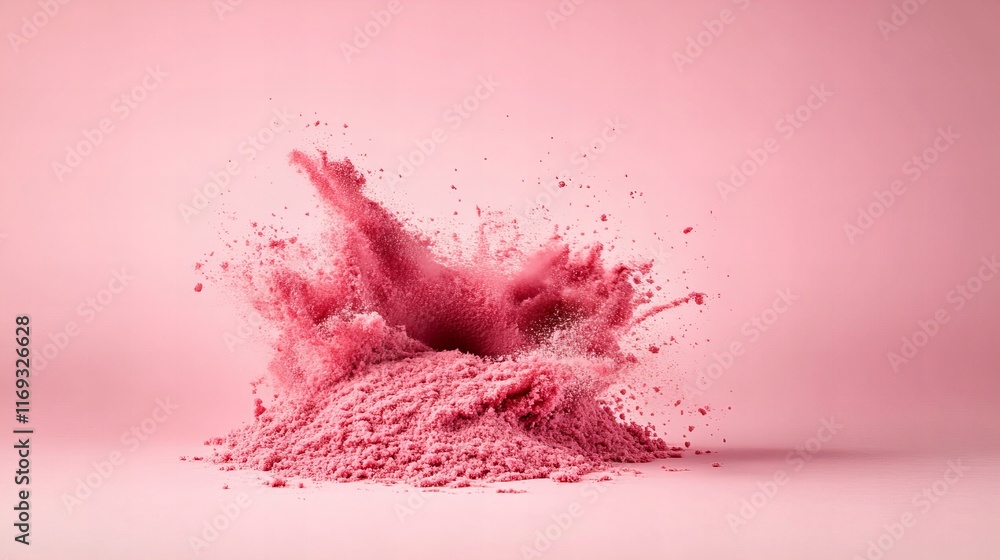 Poster vibrant pink powder explodes in a burst of color against a soft pink background. the texture is grai