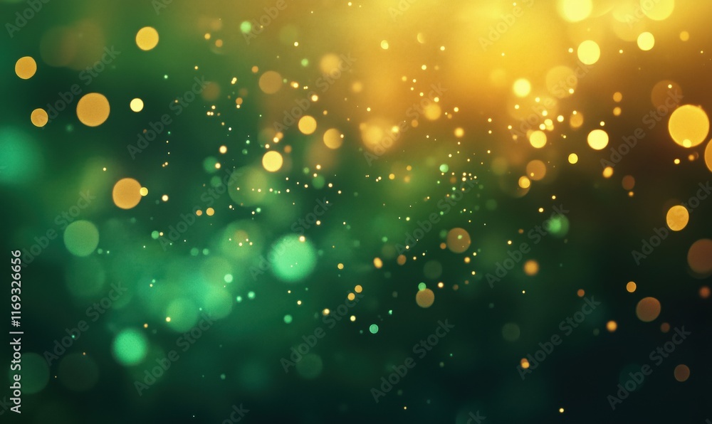 Poster bokeh effect with shimmering golden and green lights creating a dreamy, ethereal atmosphere