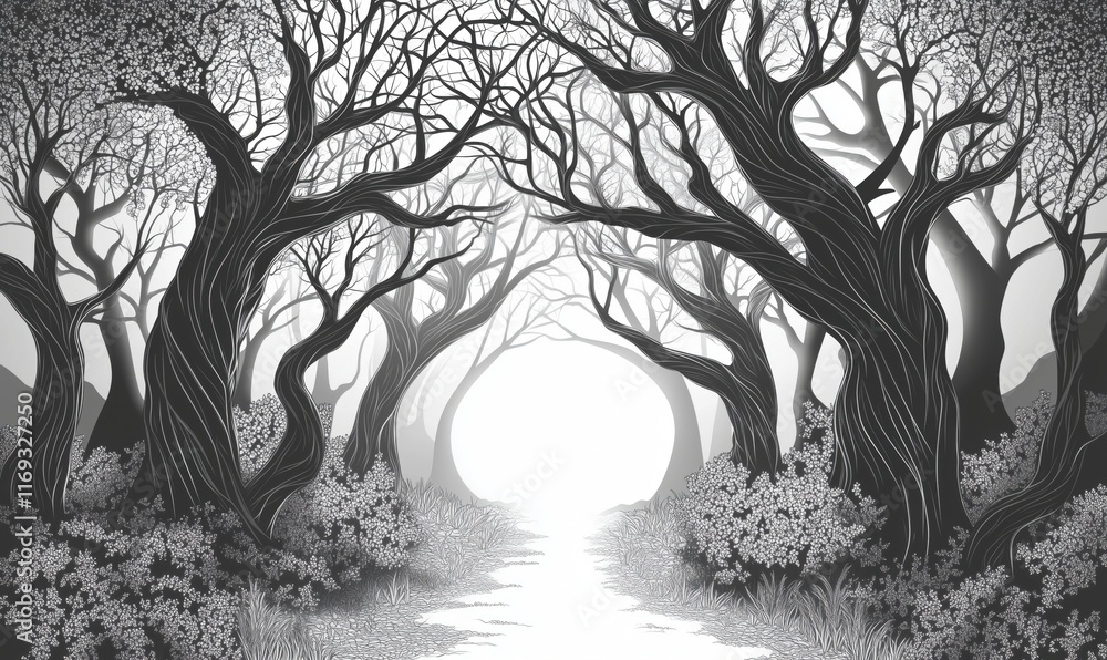Poster mysterious black and white forest scene with twisted trees and glowing light at the end of the path,
