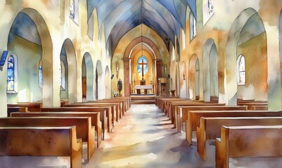 Fototapeta premium Serene Interior of Church with Wooden Benches, Stained Glass Windows, and Altar in Soft Watercolor Style