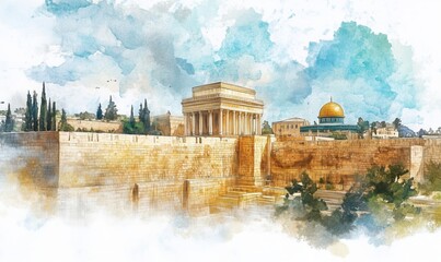 Fototapeta premium Temple Mount Jerusalem with Dome of the Rock and Western Wall, watercolor painting, historical and religious significance