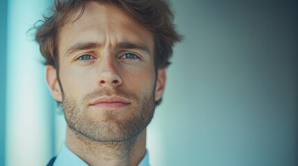 Fototapeta premium Confident caucasian young man in business attire with determined expression