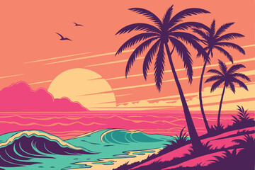 A vibrant tropical sunset with neon-inspired colors, blending electric pink, cyan, and orange hues. The waves glow with bioluminescent highlights, and palm trees are silhouetted against a glowing horn