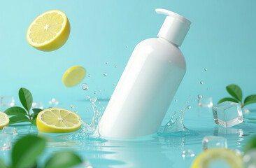 White empty cosmetic bottle of cream, liquid soap, lotion, shampoo or shower gel mockup. Bottle immersed in water on blue background around lemon slice, mint leaves and ice cubes. Natural beauty