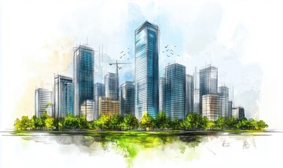 Modern city skyline illustration featuring skyscrapers, greenery, and artistic watercolor background
