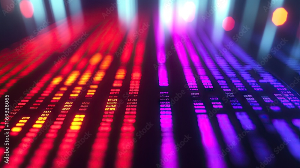 Aufkleber blurry neon lights and digital text create a futuristic technological backdrop. ideal for music visu