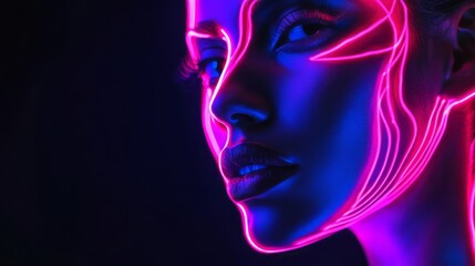 Neon Glow Woman Face Portrait: Vibrant Colors and Artistic Design