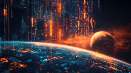 Futuristic planet Earth with digital overlay and nearby moon. Ideal for sci-fi projects, space exploration visuals, or technology backgrounds.