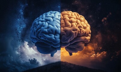 Duality of Mind: Blue and Orange Brain Representing Contrasting Thoughts and Emotions in Cosmic Landscape