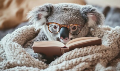 Koala reading book while cozy in blanket, wearing glasses, showcasing adorable and intelligent expression, perfect for animal lovers and book enthusiasts