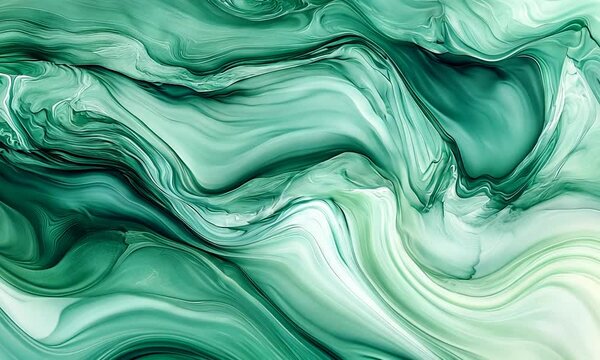 Abstract Emerald Green and White Fluid Marble Swirls