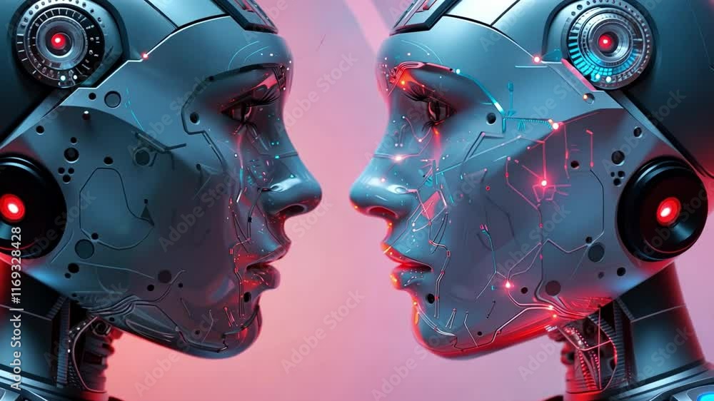Poster Two advanced AI representations face each other, showcasing intricate circuit patterns illuminated in vibrant colors. The setting is a dreamlike, romantic atmosphere perfect for Valentine's Day.