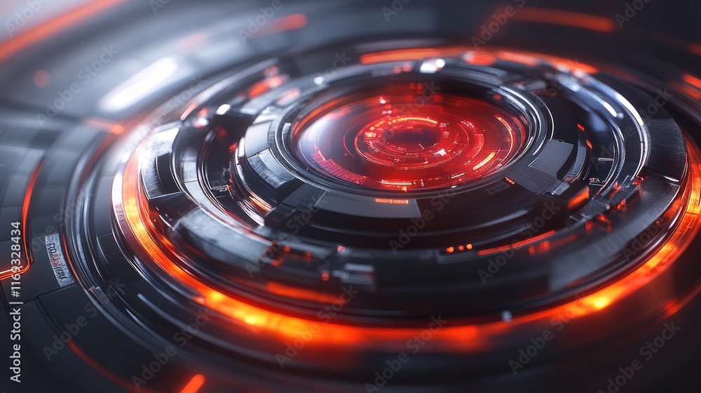 Poster a futuristic circular mechanism with glowing red accents. ideal for technology-themed projects or us