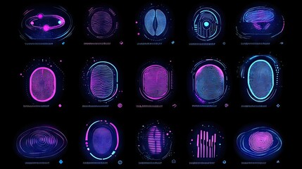 Futuristic glowing fingerprints and biometric scans in pink and blue. Ideal for UI elements, cybersecurity visuals, or sci-fi interfaces.
