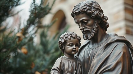 Bronze statue of Saint Joseph holding the Infant Jesus, surrounded by green pine trees in an outdoor setting near a church building.