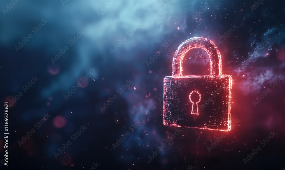 Poster digital lock symbolizing cybersecurity, data protection, and encryption in a futuristic, glowing des