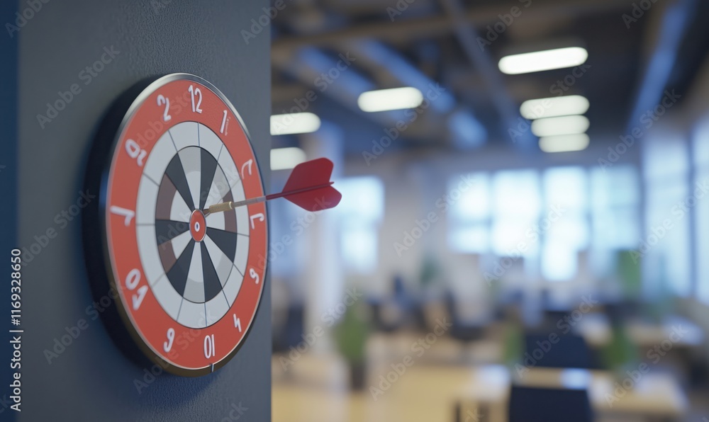 Poster dartboard with arrow in office environment, modern workspace with blurred background, focus on dartb