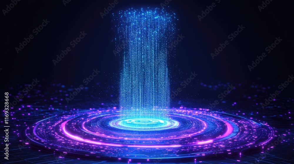 Poster a futuristic portal of streaming light particles descends onto a circular platform. ideal for techno