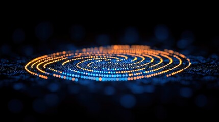 Abstract glowing orange and blue circular pattern on dark background. Ideal for technology presentations or website banners.