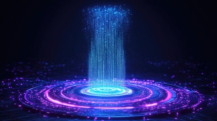 A futuristic portal of streaming light particles descends onto a circular platform. Ideal for technology, sci-fi, or data visualization projects.