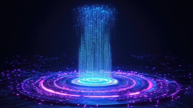 A futuristic portal of streaming light particles descends onto a circular platform. Ideal for technology, sci-fi, or data visualization projects.
