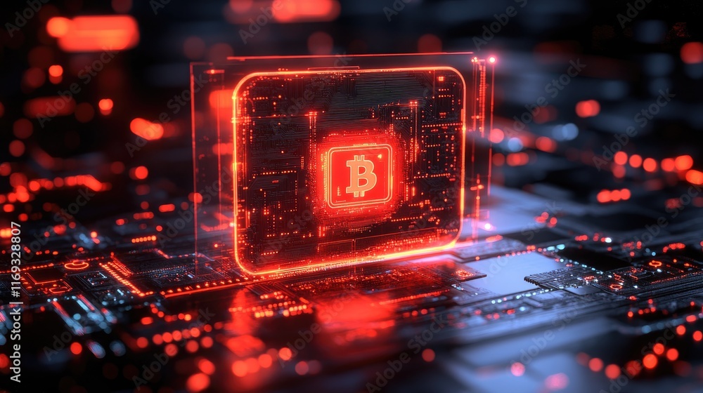 Poster a glowing bitcoin symbol on a circuit board visualizes the cryptocurrency's digital nature. ideal fo