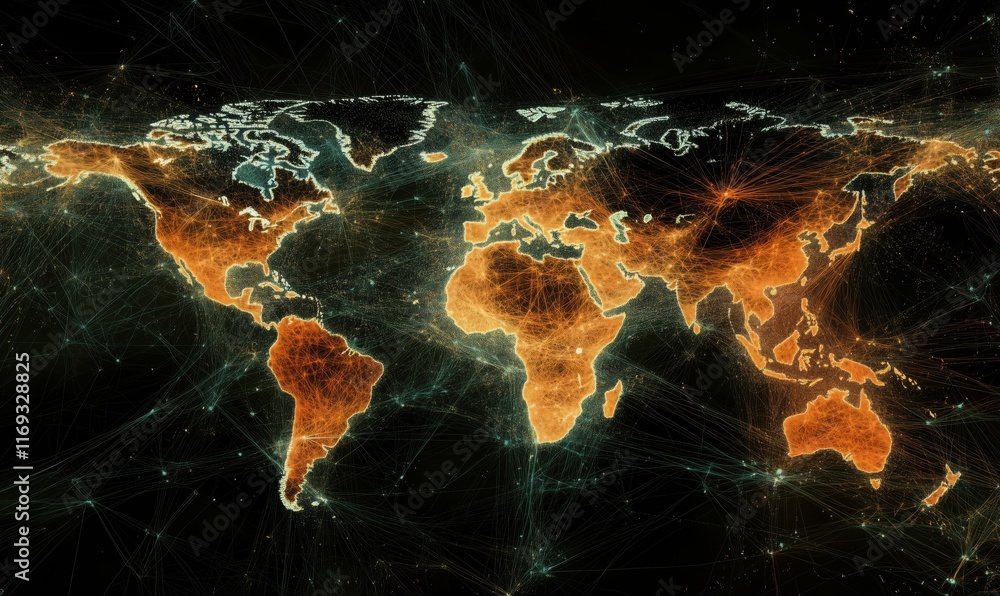 Poster global network visualization with illuminated continents and data connections, highlighting geograph