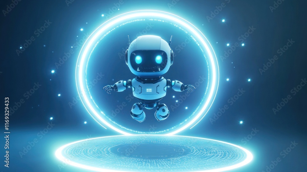 Poster a futuristic robot floating in a glowing circle, representing technology and innovation.