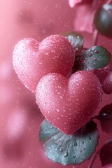 Obraz premium Two sparkling pink hearts on lush green leaves with a soft pink background and delicate raindrops