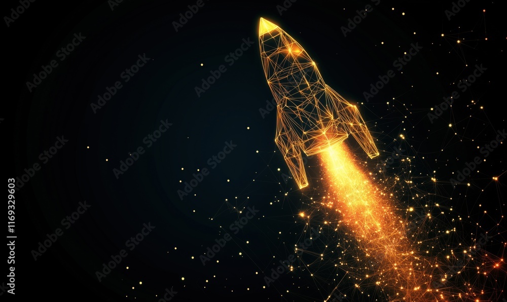 Poster rocket launch in digital space, glowing lines and particles creating a futuristic scene of explorati