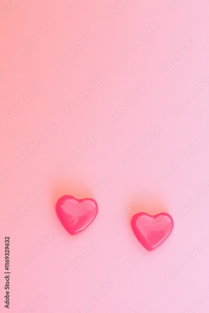 Poster two glossy red hearts displayed vertically on a soft pink background highlighting love and affection