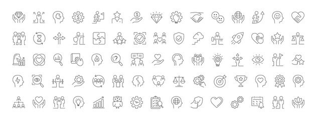 Core Values line icon set. Containing performance, passion, diversity, exceptional, innovation, accountability, goals, responsibility, customers, commitment, quality and more. Vector illustration. 