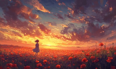 Fototapeta premium Sunset over Poppy Field with Girl in Dress, Vibrant Colors, Dreamy Atmosphere, Nature's Beauty, Serene Landscape