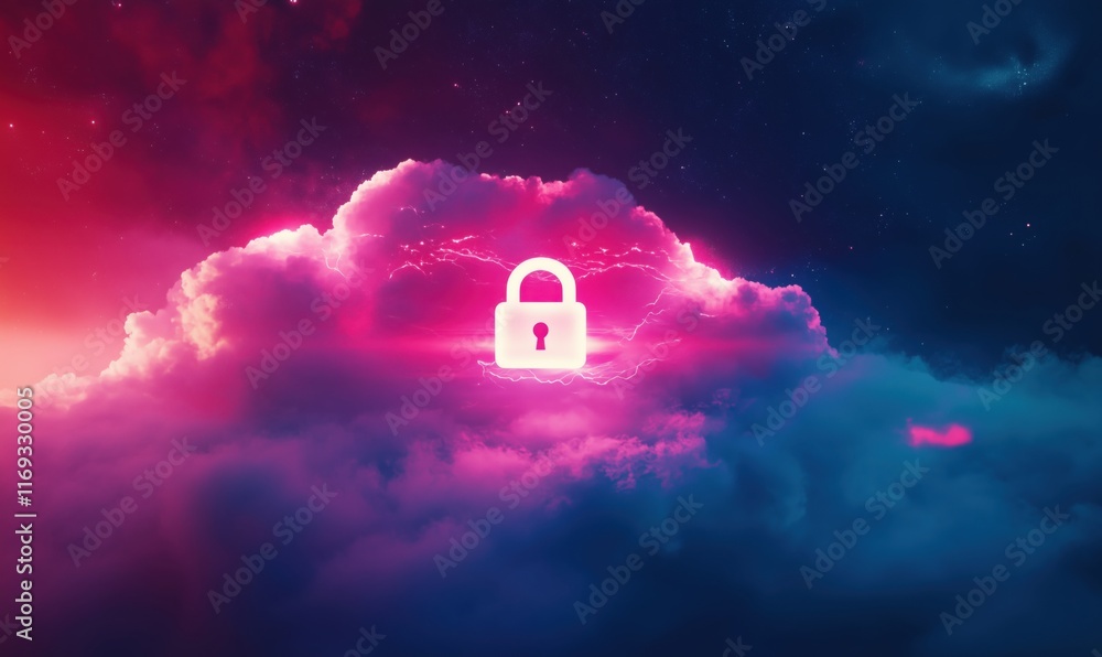 Aufkleber cloud security concept with lock symbol surrounded by colorful clouds and lightning effects