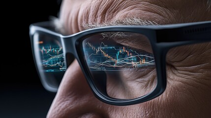 Close-up view of a focused individual analyzing stock market charts illuminated by dim room lighting