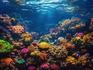 Vibrant marine life surrounding exotic coral reefs underwater scene nature tropical environment close-up view