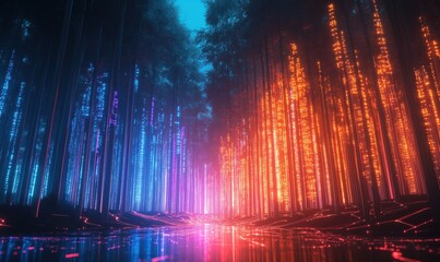 Futuristic neon forest with glowing trees and vibrant colors reflecting on water surface, creating a surreal digital landscape