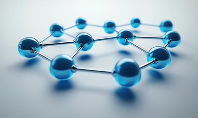 Molecular Structure Representation with Blue Spheres and Metallic Bonds, Abstract Scientific Visualization