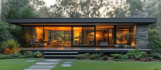 Modern house with large windows and stone exterior at dusk.