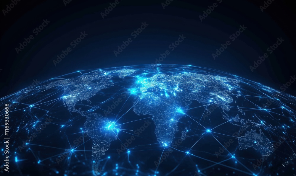 Poster global network connectivity visualization with bright blue lines and points representing data flow a