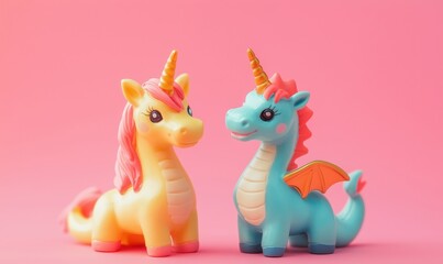 Colorful unicorn figurines with vibrant details, one yellow with pink mane, one blue with orange wings, set against a pink background