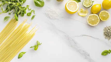 Uncooked spaghetti paired with lemons and herbs on a clean marble surface. Concept of fresh and modern cooking. Copy space for text